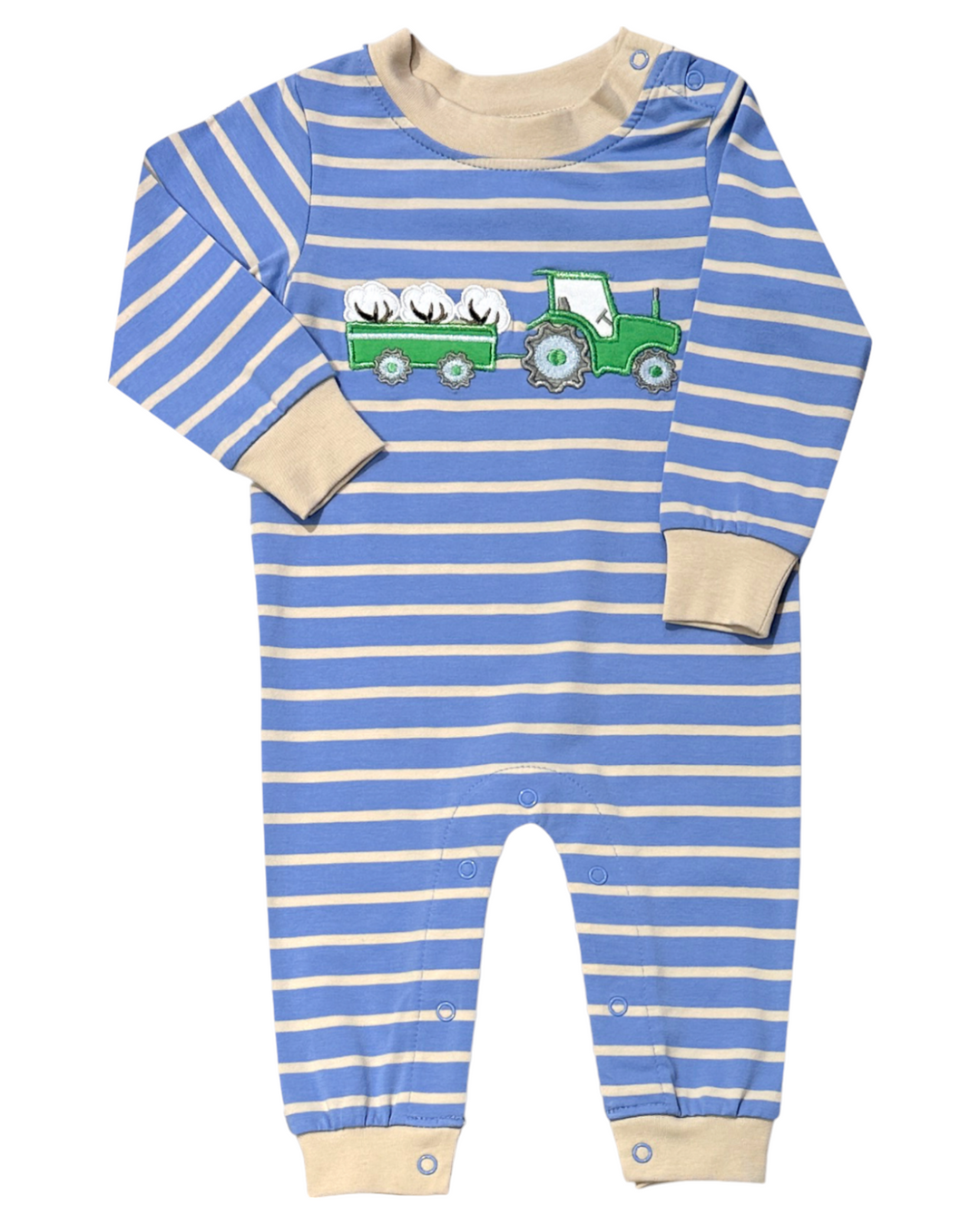 Tractor and Cotton Applique Blue Stripe Boys Romper, That Store