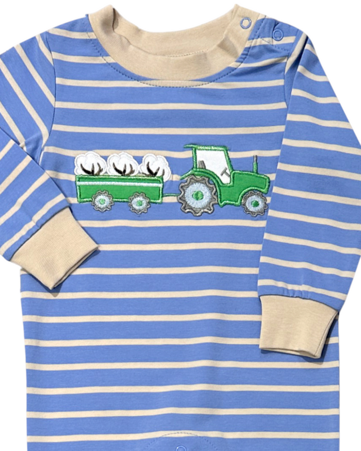 Tractor and Cotton Applique Blue Stripe Boys Romper, close up